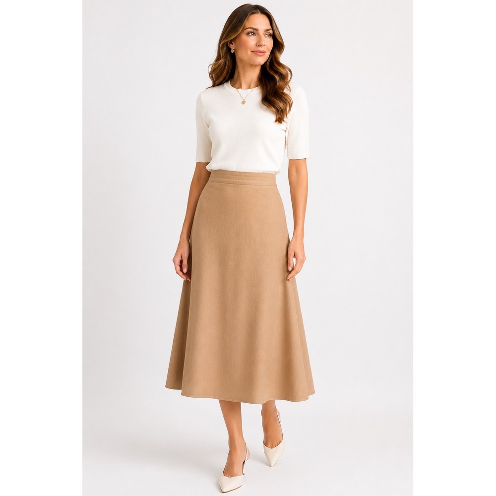 Cato Size 8 Tan A-Line Midi Skirt Stretch Cotton Blend Neutral Career Casual